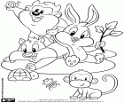 Trois personnages Baby Looney Tunes jouant avec les autres petits animaux, un singe, une tortue, une coccinelle et un escargot