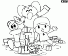 Pocoyo joue avec ses amis Elly, Pato, Dodoloiseau et La Chenille, avec un jeu de blocs