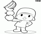 Pocoyo avec fruit sur sa main. Pocoyo aime les fruits qui sont un aliment qui fournit de nombreuses vitamines