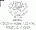 Logo de l’America Cup 2019 de Brésil qui se déroule entre le 14 juin et 7 juillet 2019, au Brésil. Les douze équipes participantes sont 10 de la CONMEBOL et deux équipes invitées, le Qatar et le Japon. De la CONMEBOL sont Argentine, Bolivie, Brésil, Chili, Colombie, Equateur, Paraguay, Pérou, Uruguay et Venezuela
