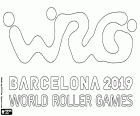 Logo du World Roller Games Barcelone 2019. Onze championnats du monde de sports sur la petite roue à Barcelone et d’autres villes catalanes, Vilanova i la Geltrú, Sant Cugat del Vallès, Terrassa et Mollet del Vallès partir de 4-14 juillet 2019
