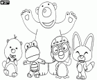 Le pingouin Pororo avec ses quatre amis, le castor Loopy, le dinosaure Crong, l’ours Poby et le renard Eddy