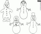 Dessin de quatre bonhommes de neige différents pour la coloration. Chaque bonhomme de neige est décoré avec différents accessoires
