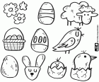Un coloriage avec une collection de petits dessins de Pâques. Des fleurs, des œufs de Pâques, un agneau, un visage de lapin et des poussins