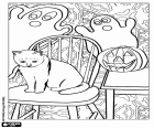 Un chat sur une chaise à côté d’une citrouille d’Halloween sur la table avec deux fantômes en arrière-plan