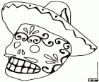 Un crâne mexicain avec les décorations traditionnelles du Jour des Morts avec le chapeau, Un catrín, la version masculine de la plus célèbre Catrina
