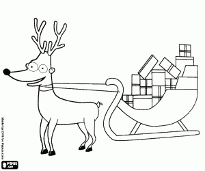 Coloriage Renne de Noël et des cadeaux en traîneau