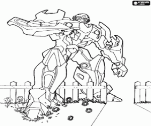Coloriage Robot Transformer et une clôture de jardin