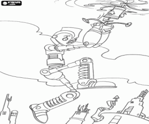 Coloriage Rodney survolant la ville
