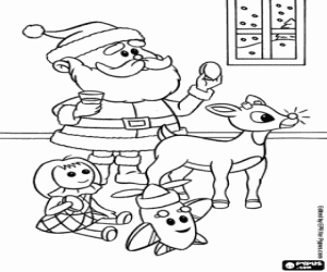 Coloriage Rudolph, le père Noël et les jouets