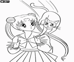 Coloriage Sailor Moon et Diana le chaton