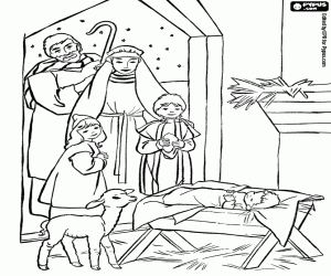 Coloriage La Sainte famille et les bergers