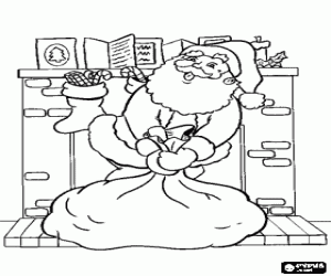 Coloriage Santa Claus, cheminée et cadeaux