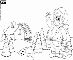 Coloriage Santa Claus dans un paysage enneigé