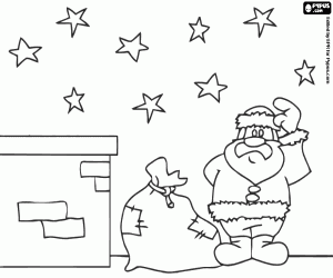 Coloriage Santa Claus et sac de cadeaux sur le toit
