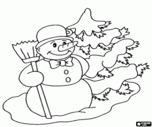 Coloriage Le sapin et le bonhomme de neige avec balai