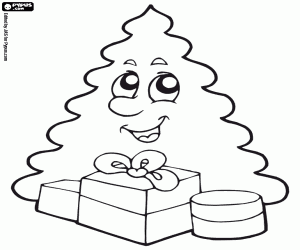 Coloriage Sapin souriant avec des cadeaux de Noël