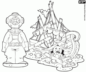 Coloriage Le scaphandrier à côté du bateau