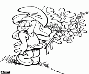 Coloriage Schtroumpfette avec un bouquet de fleurs