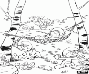 Coloriage Les Schtroumpfs appréciant la forêt