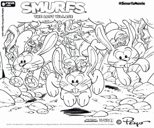 Coloriage Les Schtroumpfs à cheval sur les lapins