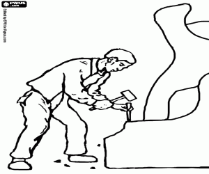 Coloriage Le sculpteur sculpte la pierre