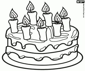 Coloriage Sept bougies sur le gâteau d’anniversaire