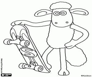 Coloriage Shaun le mouton avec une planche à roulettes