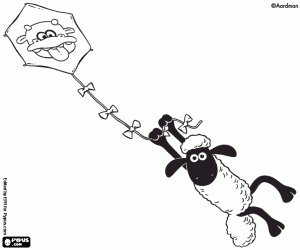 Coloriage Shaun le mouton et un cerf-volant