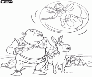 Coloriage Shrek et Âne avec la marraine-fée