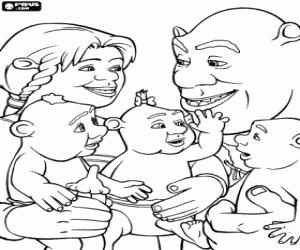 Coloriage Shrek, Fiona avec leurs enfants