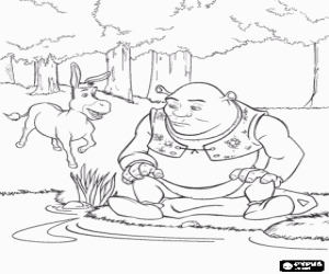 Coloriage Shrek est triste et l'Âne s'approche
