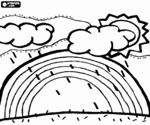 Coloriage Soleil, nuages, pluie et arc-en-ciel