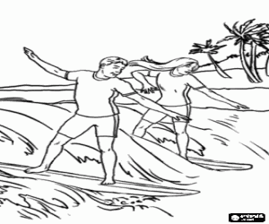 Coloriage Deux surfeurs pres de la cote