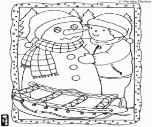 Coloriage Teo, bonhomme de neige et traîneau