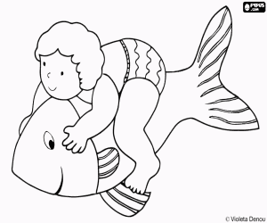 Coloriage Teo et un gros poisson