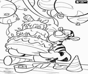 Coloriage Tigrou et un gâteau d'anniversaire