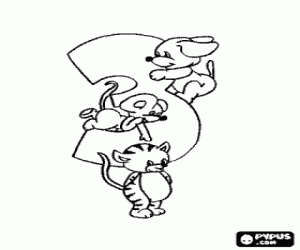 Coloriage Trois animaux et numéro trois