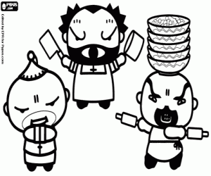Coloriage Trois chefs, personnages de Pucca