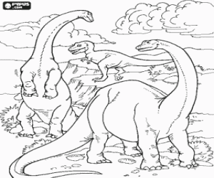 Coloriage Trois dinosaures et le paysage