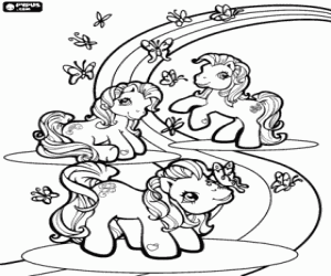 Coloriage Trois poneys au-delà de l'arc-en-ciel