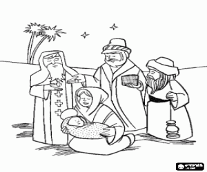 Coloriage Les trois rois avec Jésus et Marie