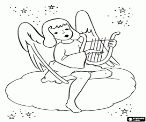 Coloriage Un ange avec une harpe sur un nuage