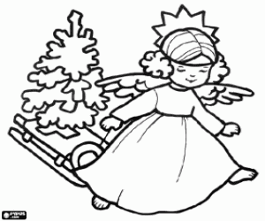 Coloriage Un ange, le traîneau et le sapin de Noël