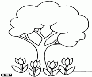 Coloriage Un arbre aux tulipes autour