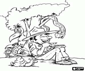 Coloriage Un aventurier et les animaux