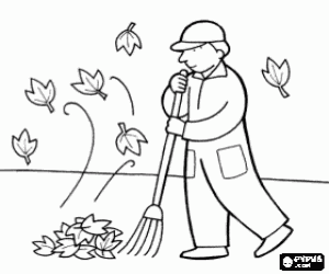 Coloriage Un balayeur de rue et feuilles d'automne