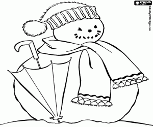 Coloriage Un bonhomme de neige avec un parapluie