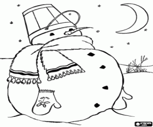 Coloriage Un bonhomme de neige sous la lune