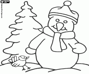 Coloriage Un bonhomme de neige et un oiseau